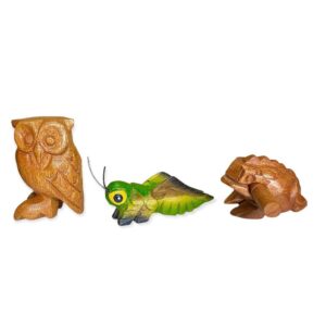 Handmade Wooden Percussion 3 Pcs Set 3 Inch Wooden Frog, 4 Inch Wooden Cricket and 3.5 Inch Wooden Owl, Gift Decor,(Green Wooden Cricket Brown Wooden Frog/Owl)