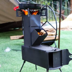 BiggerFire Rocket Stove Portable Folding Wood Burning Camping Stove for Outdoor Cooking, Picnic, BBQ, Hunting, Fishing, Cast Steel Pocket Rocket Stove with Carrying Bag