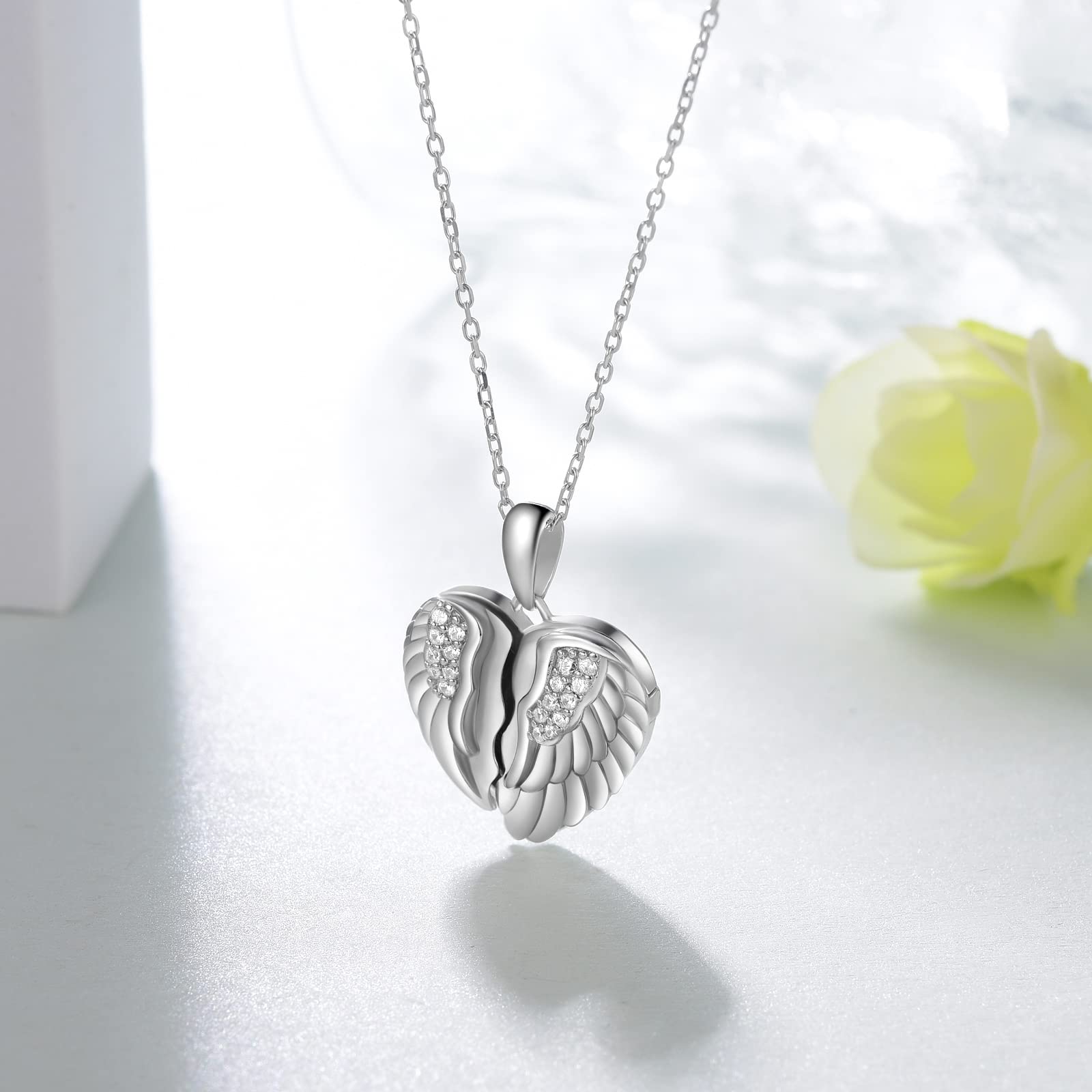 SVODEA Heart Photo Angel Wings Locket Necklace That Hold Pictures Photo,925 Sterling Silver Photo Locket Necklaces with 5A Cubic Zirconia, Sterling Silver, Cubic Zirconia