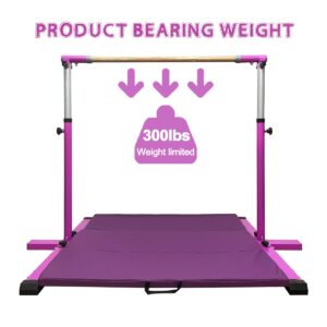 JOYSFIT Adjustable Gymnastics Bar for Kids with Mat - Sturdy Kip Bar with Rings, Horizontal Bar for Home Training, 3'-5' Height, Ages 3-15, 250 LBS Capacity, Easy Assembly. (Bar with Mat, Purple)