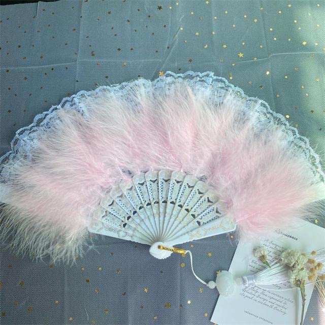 Classical Feather Folding Fan with Pendant Sweet Girly Dark Gothic Court Dance Photography Props Fan Wedding Decoration