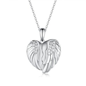 SVODEA Heart Photo Angel Wings Locket Necklace That Hold Pictures Photo,925 Sterling Silver Photo Locket Necklaces with 5A Cubic Zirconia, Sterling Silver, Cubic Zirconia