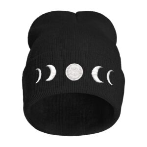 Gothic Goth Crescent Moon Embroidery Beanie Hat for Men Women Winter Warm Stretch Skull Knit Hats Cap Black