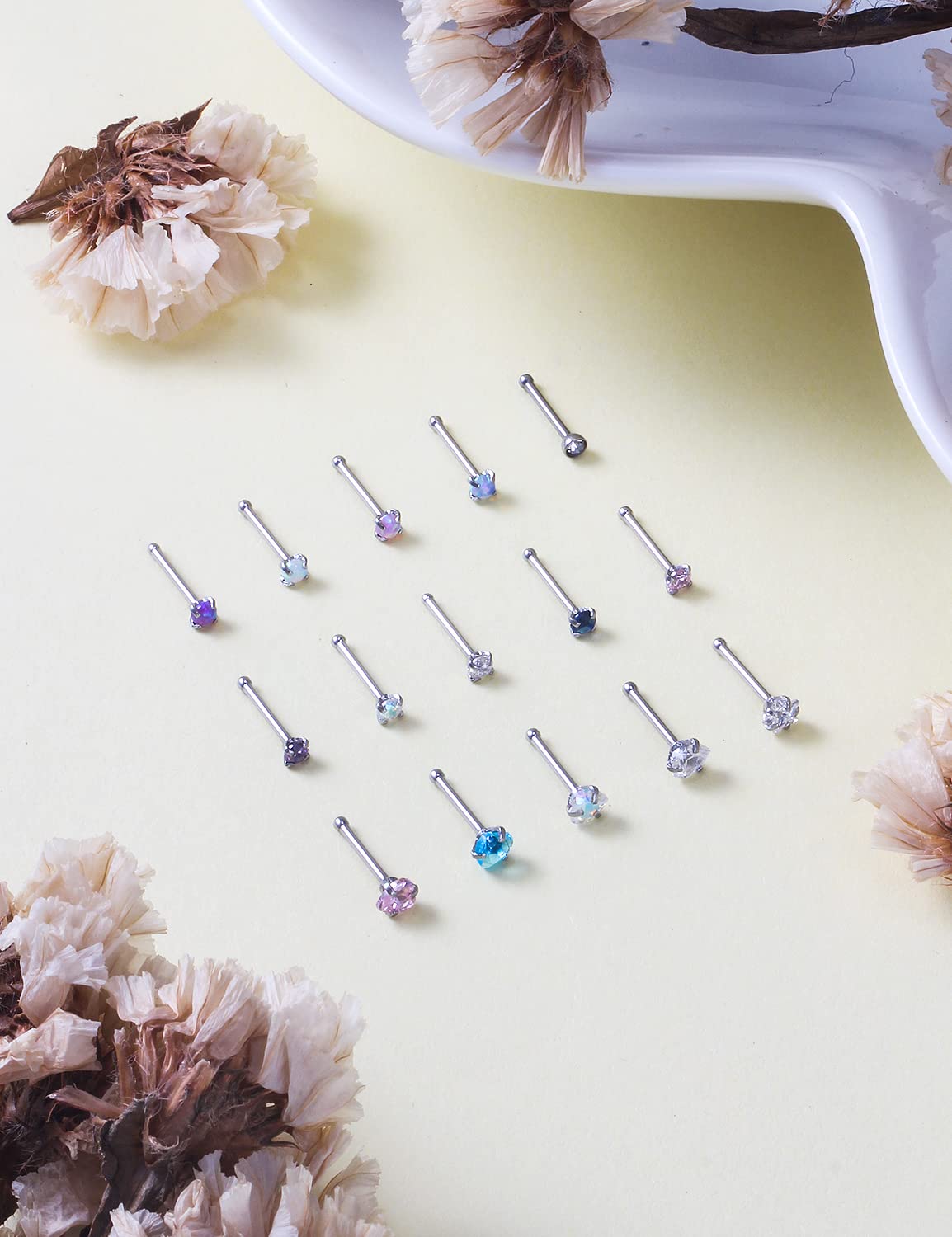 Lsnevsie Nose Rings Studs for Women 20G 316L Surgical Stainless Steel Straight Silver Opal Hypoallergenic Star Heart Nose Nostril Stud Ring Pin Bone Body Piercing Jewelry for Men Diamond CZ 2mm 3mm