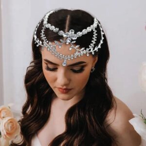 LOVFOIVER Bridal Headpieces for Wedding, Rhinestone Wedding Headband Forehead Hair Accessories for Brides