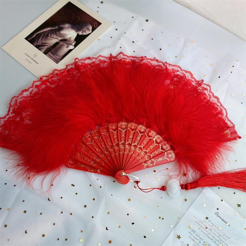 Classical Feather Folding Fan with Pendant Sweet Girly Dark Gothic Court Dance Photography Props Fan Wedding Decoration