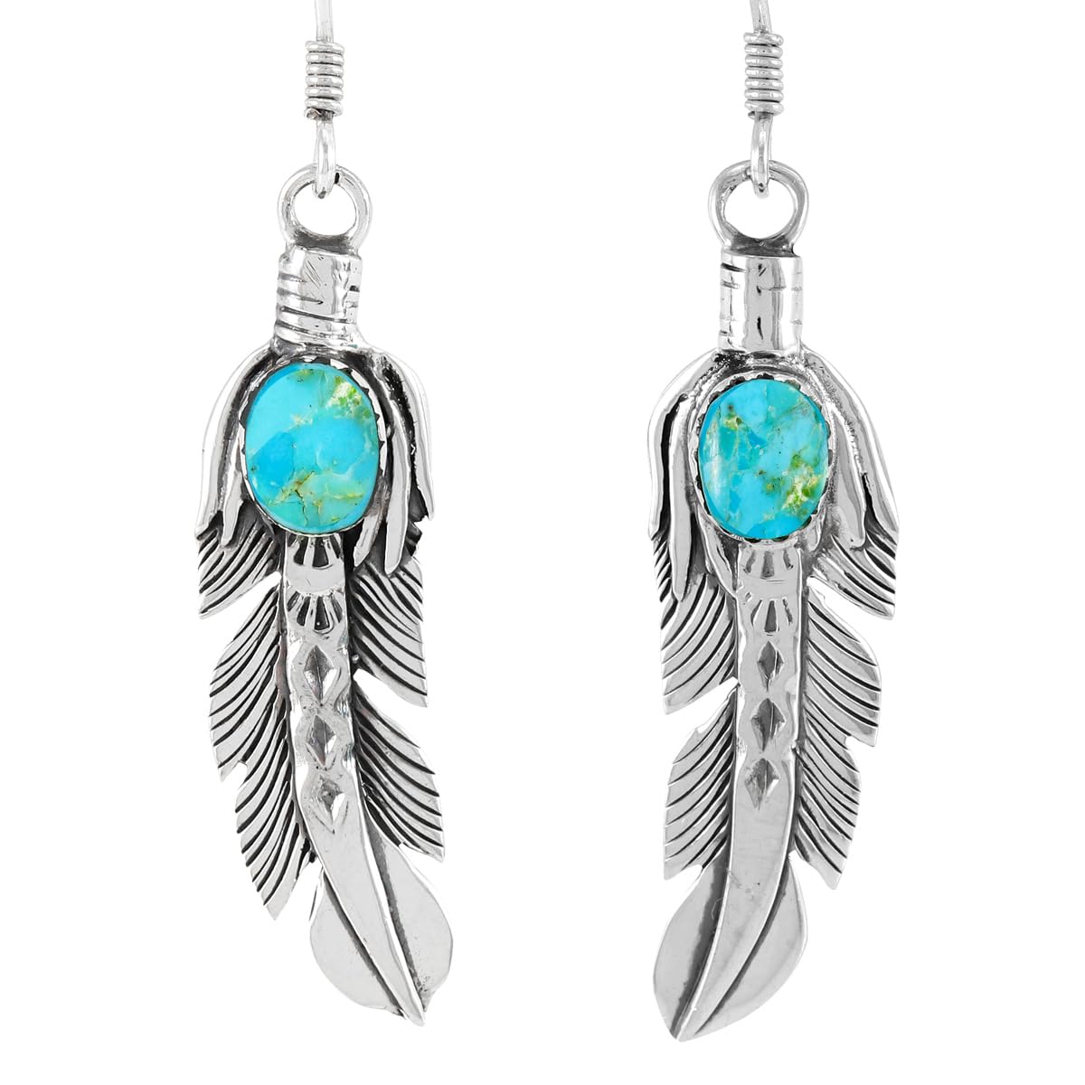 Feathers Turquoise Earrings 925 Sterling Silver & Genuine Turquoise (Turquoise)