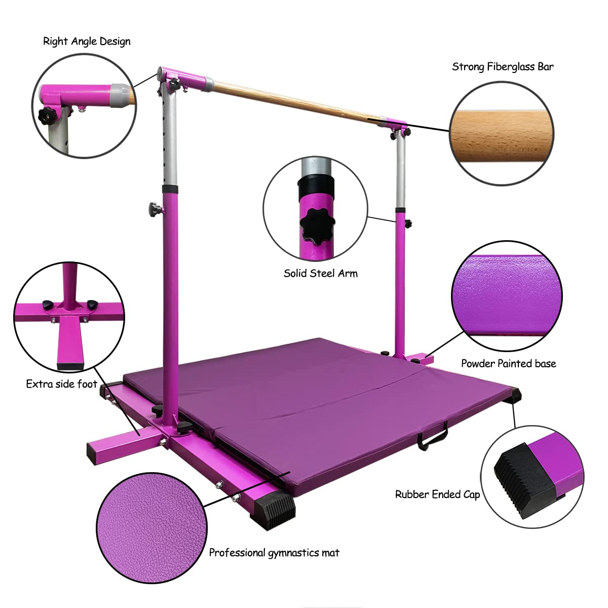 JOYSFIT Adjustable Gymnastics Bar for Kids with Mat - Sturdy Kip Bar with Rings, Horizontal Bar for Home Training, 3'-5' Height, Ages 3-15, 250 LBS Capacity, Easy Assembly. (Bar with Mat, Purple)