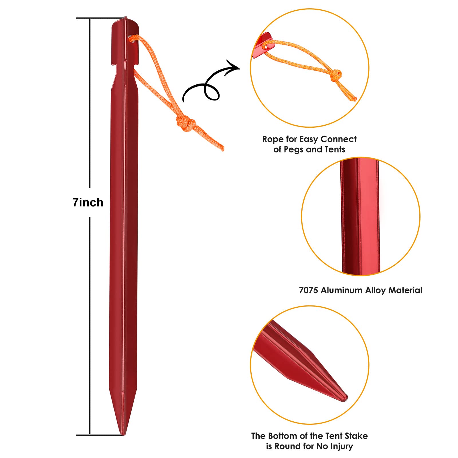 Grassman 16 Pack Tent Stakes, 7075 Aluminium Tent pegs, Heavy Duty Lightweight Ground Pegs, Durable and Safe Metal Camping Spikes, Red