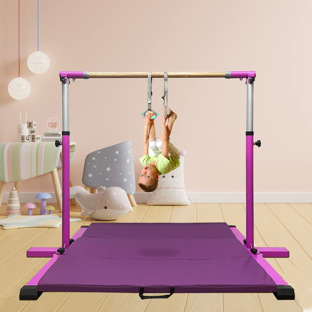 JOYSFIT Adjustable Gymnastics Bar for Kids with Mat - Sturdy Kip Bar with Rings, Horizontal Bar for Home Training, 3'-5' Height, Ages 3-15, 250 LBS Capacity, Easy Assembly. (Bar with Mat, Purple)