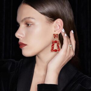 VANGETIMI Red Rhinestone Rectangle Dangle Earrings Colorful Crystal Geometric Drop Statement Earrings for Women