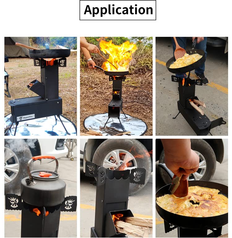 BiggerFire Rocket Stove Portable Folding Wood Burning Camping Stove for Outdoor Cooking, Picnic, BBQ, Hunting, Fishing, Cast Steel Pocket Rocket Stove with Carrying Bag