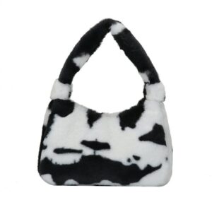 Fluffy Faux Fur Underarm Bag Fuzzy Shoulder Bag for Women Clutch Mini Plush Purse Cow Print Trendy Tote Handbag