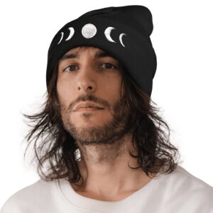 Gothic Goth Crescent Moon Embroidery Beanie Hat for Men Women Winter Warm Stretch Skull Knit Hats Cap Black