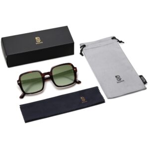 SOJOS Retro Square Polarized Sunglasses for Women Men Classic Trendy Sunnies SJ2226, Dark Tortoise/Green