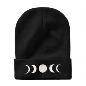 Gothic Goth Crescent Moon Embroidery Beanie Hat for Men Women Winter Warm Stretch Skull Knit Hats Cap Black