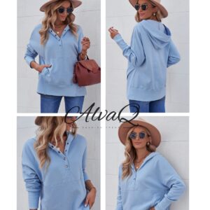 AlvaQ Women Casual Sweatshirt V Neck Long Sleeve Button Up Pullover Hoodie Sweat Shirt with Pocket Fashion 2024 Light Sky Blue Medium