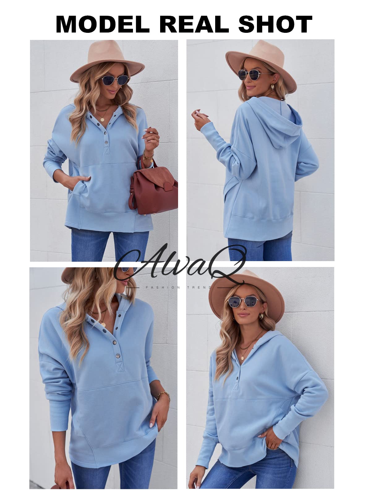 AlvaQ Women Casual Sweatshirt V Neck Long Sleeve Button Up Pullover Hoodie Sweat Shirt with Pocket Fashion 2024 Light Sky Blue Medium