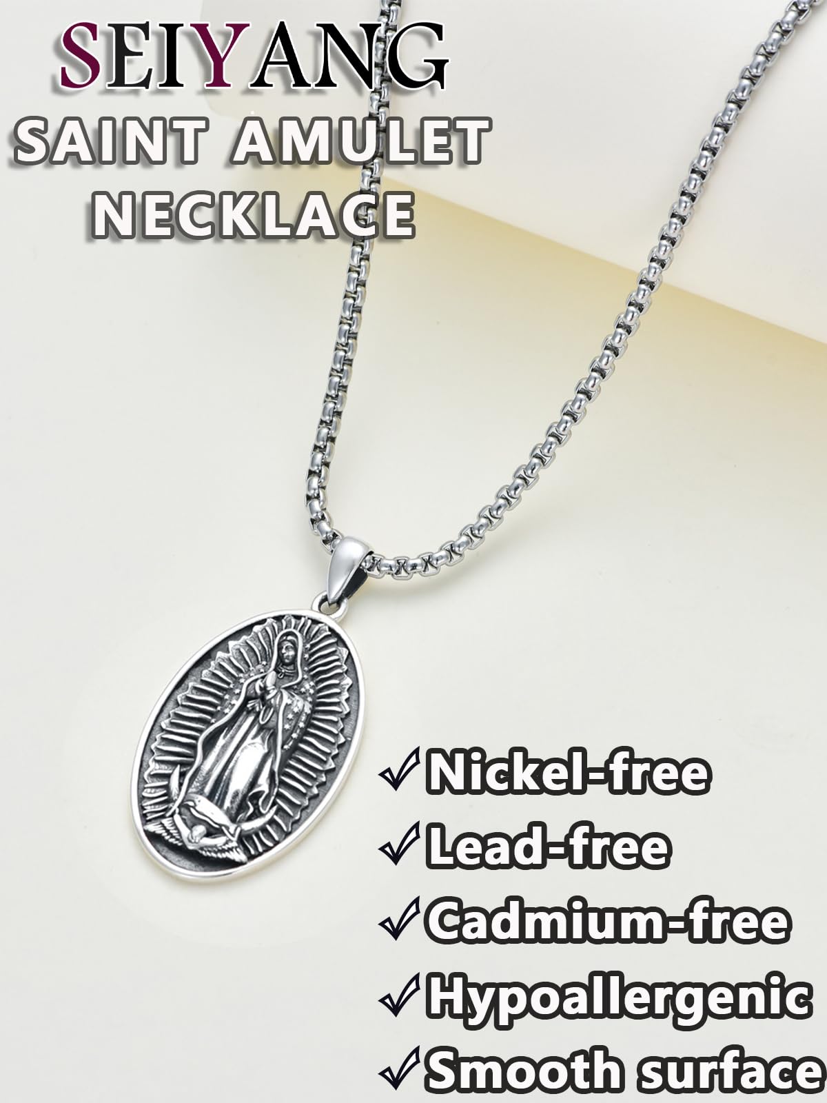 Seiyang Virgen de Guadalupe Necklace Sterling Silver Virgin Mary Pendant Miraculous Medal Pendant Religious Gift for Women Mom