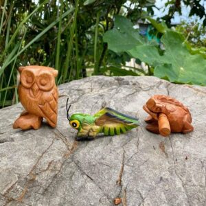 Handmade Wooden Percussion 3 Pcs Set 3 Inch Wooden Frog, 4 Inch Wooden Cricket and 3.5 Inch Wooden Owl, Gift Decor,(Green Wooden Cricket Brown Wooden Frog/Owl)