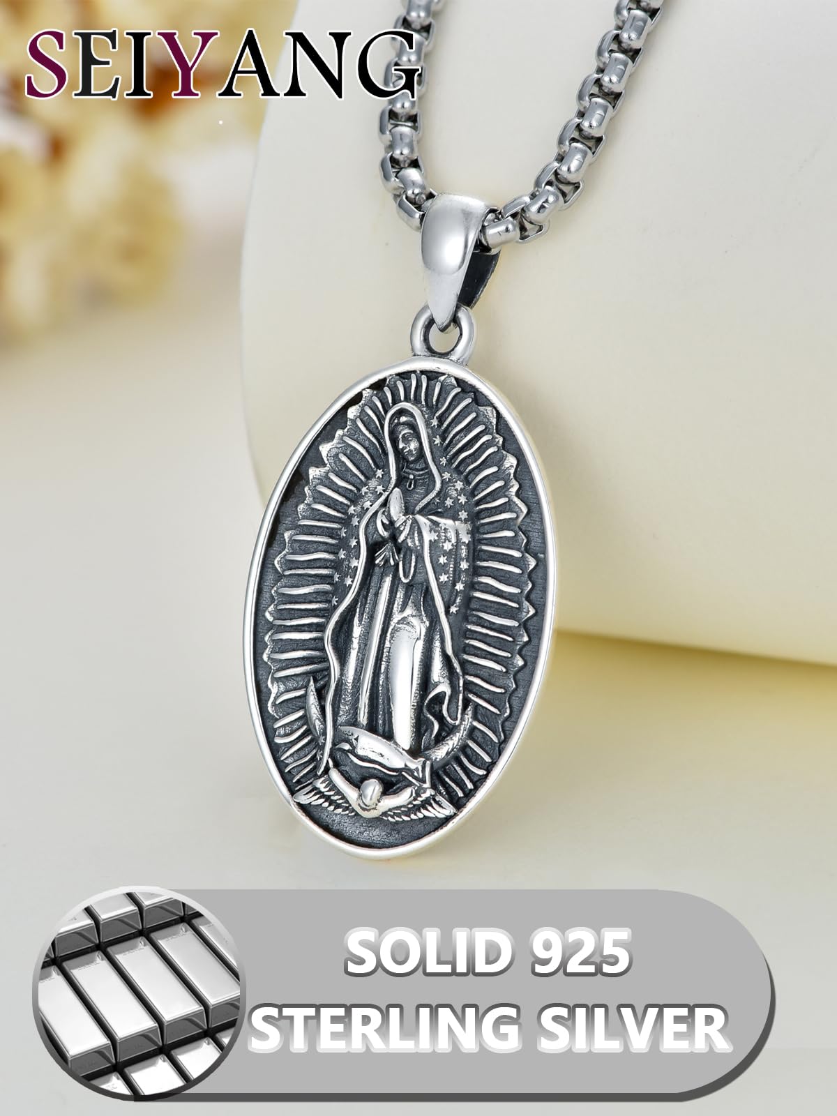 Seiyang Virgen de Guadalupe Necklace Sterling Silver Virgin Mary Pendant Miraculous Medal Pendant Religious Gift for Women Mom