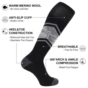 FITRELL 2 Pack Men's and Women's Ski Socks Full Cushioned Winter Merino Wool Thermal Knee High Warm Boot Socks for Skiing Snowboarding, Black+Grey, X-Large