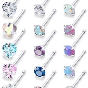 Lsnevsie Nose Rings Studs for Women 20G 316L Surgical Stainless Steel Straight Silver Opal Hypoallergenic Star Heart Nose Nostril Stud Ring Pin Bone Body Piercing Jewelry for Men Diamond CZ 2mm 3mm