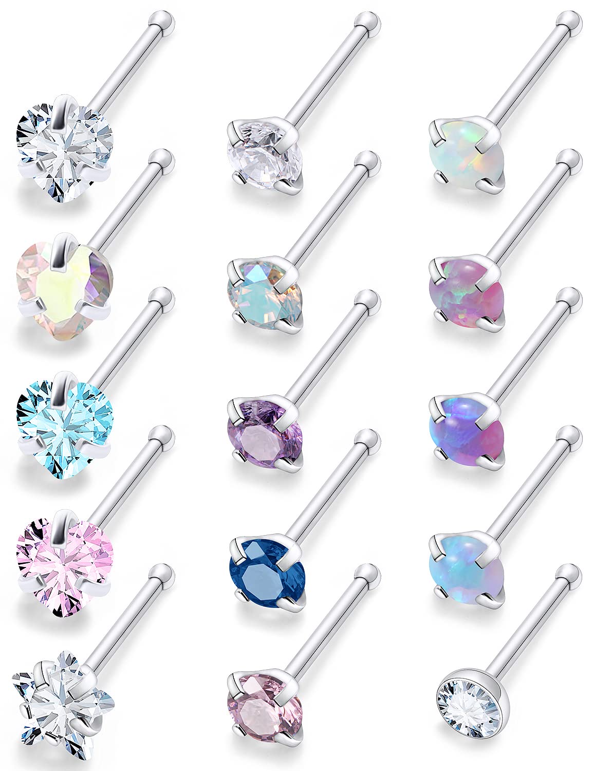 Lsnevsie Nose Rings Studs for Women 20G 316L Surgical Stainless Steel Straight Silver Opal Hypoallergenic Star Heart Nose Nostril Stud Ring Pin Bone Body Piercing Jewelry for Men Diamond CZ 2mm 3mm