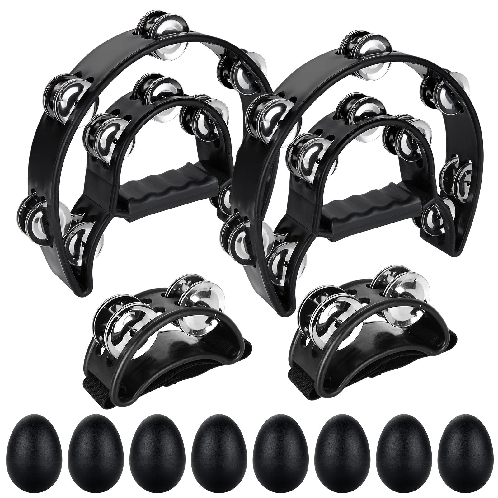 Tambourine 2 Pack 10 Inch Double Row Tambourine Metal Jingles Hand Held Percussion with 2 Foot Tambourine, 8 Egg Shaker, Half Moon Music Tambourine for Adult KTV Party (Black)