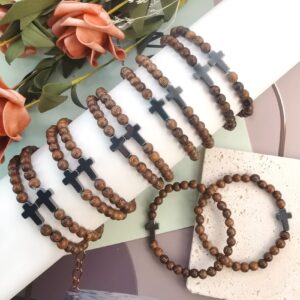 FIRAZIO 12Pcs Christian Prayer Beads Bracelet for Women Mens Wooden Beads Cross Bracelet Religious Mala Beaded Bracelets Fashion Jewelry 6mm/8mm