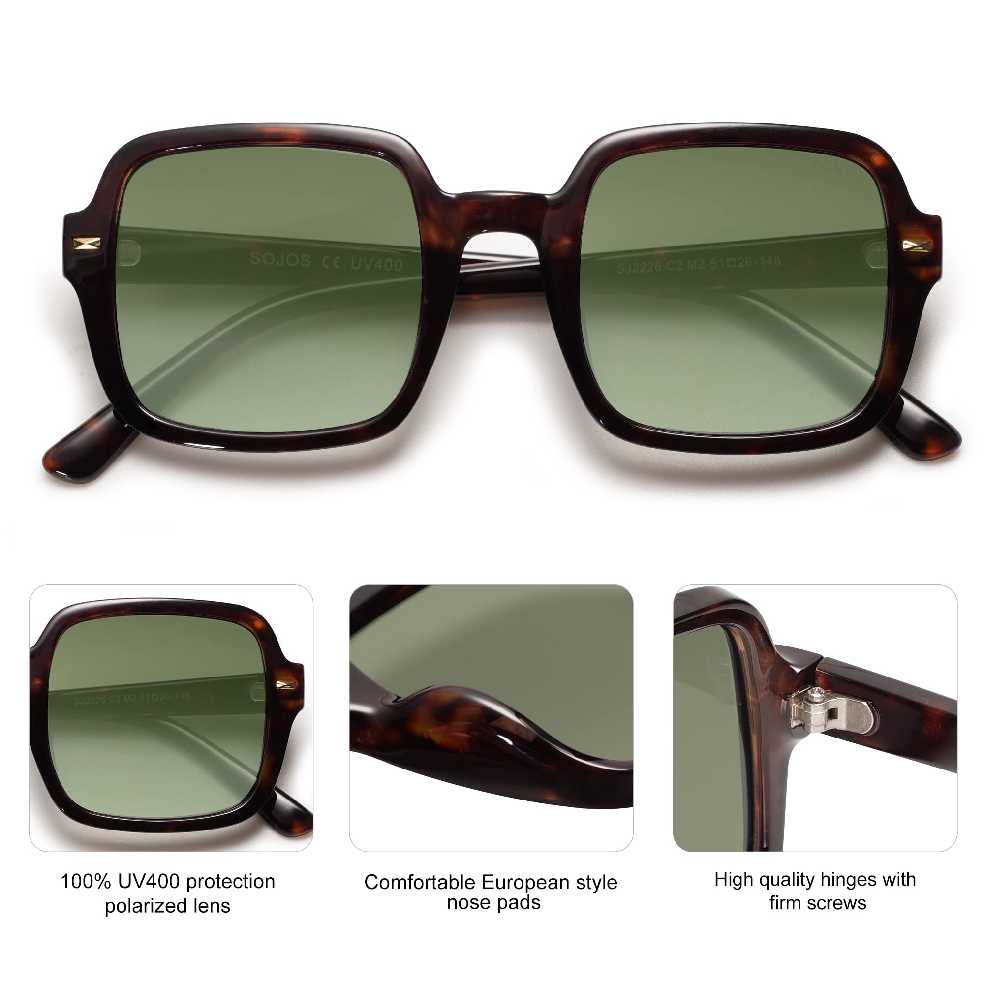 SOJOS Retro Square Polarized Sunglasses for Women Men Classic Trendy Sunnies SJ2226, Dark Tortoise/Green