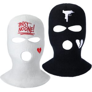 handepo 2 pcs 3 hole ski mask winter warm balaclava full face knit mask ski hat mask knitted full face cover for men women(white, black, heart style)