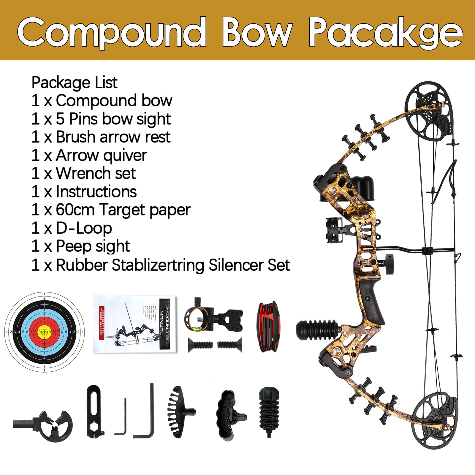 WUXLISTY Youth Compound Bow Set 15-45 Lbs for Teens and Beginner, Package with Archery Hunting Equipment, 5 Pin Sight, Max Speed 320fps, Adjustable, Right Hand, Snake Camo