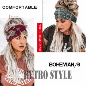 Olbye Boho Headbands for Women - Wide Knotted Elastic Turban Hair Accessories, Floral Yoga Sports Sweatbands, Workout Wraps and Bandanas, 6Pcs