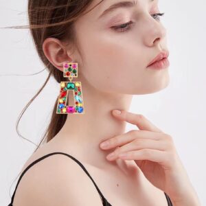 Canboer Colorful Rhinestone Rectangle Dangle Earrings Sparkly Geometric Drop Statement Earrings Hypoallergenic for Women Party Prom