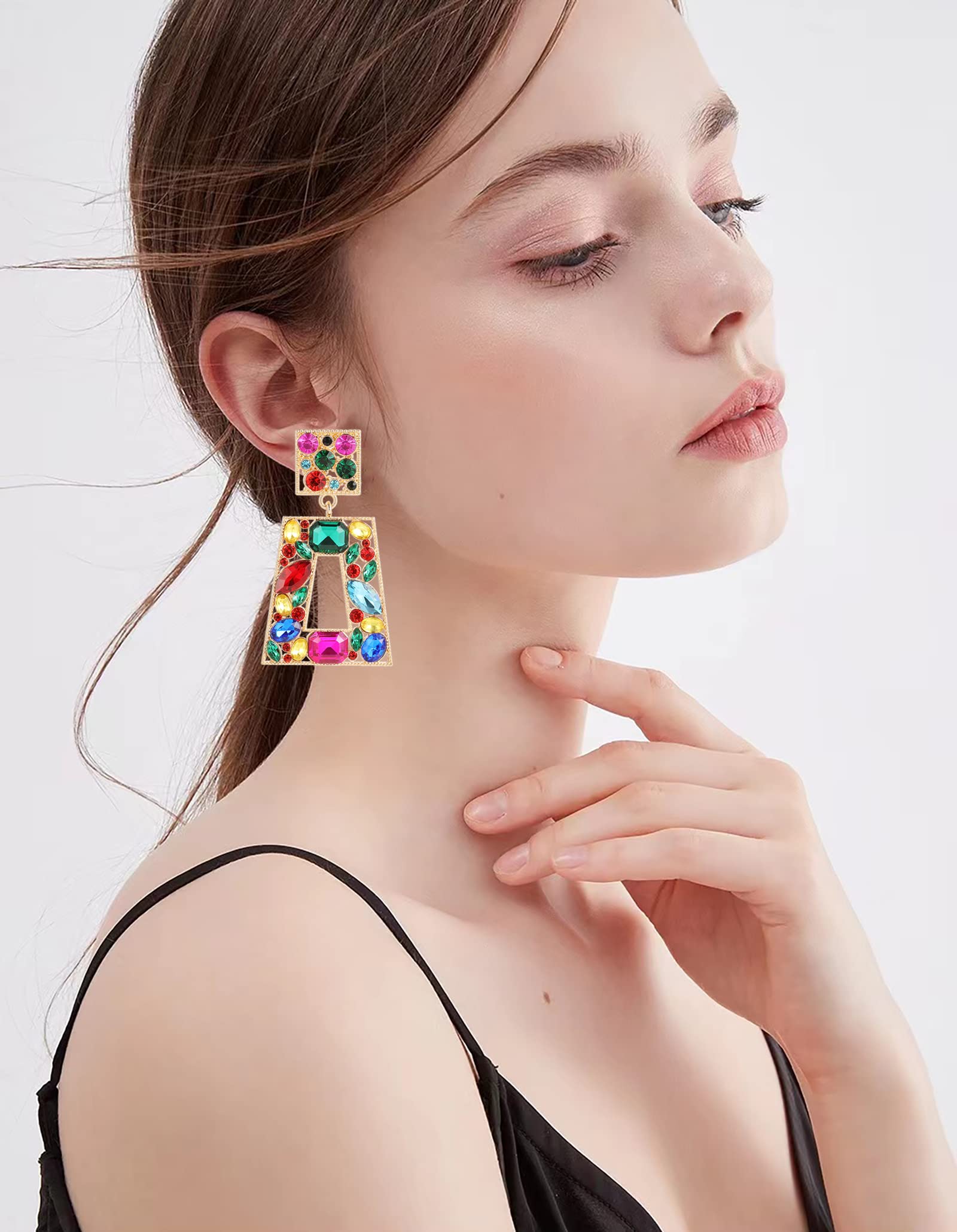 Canboer Colorful Rhinestone Rectangle Dangle Earrings Sparkly Geometric Drop Statement Earrings Hypoallergenic for Women Party Prom