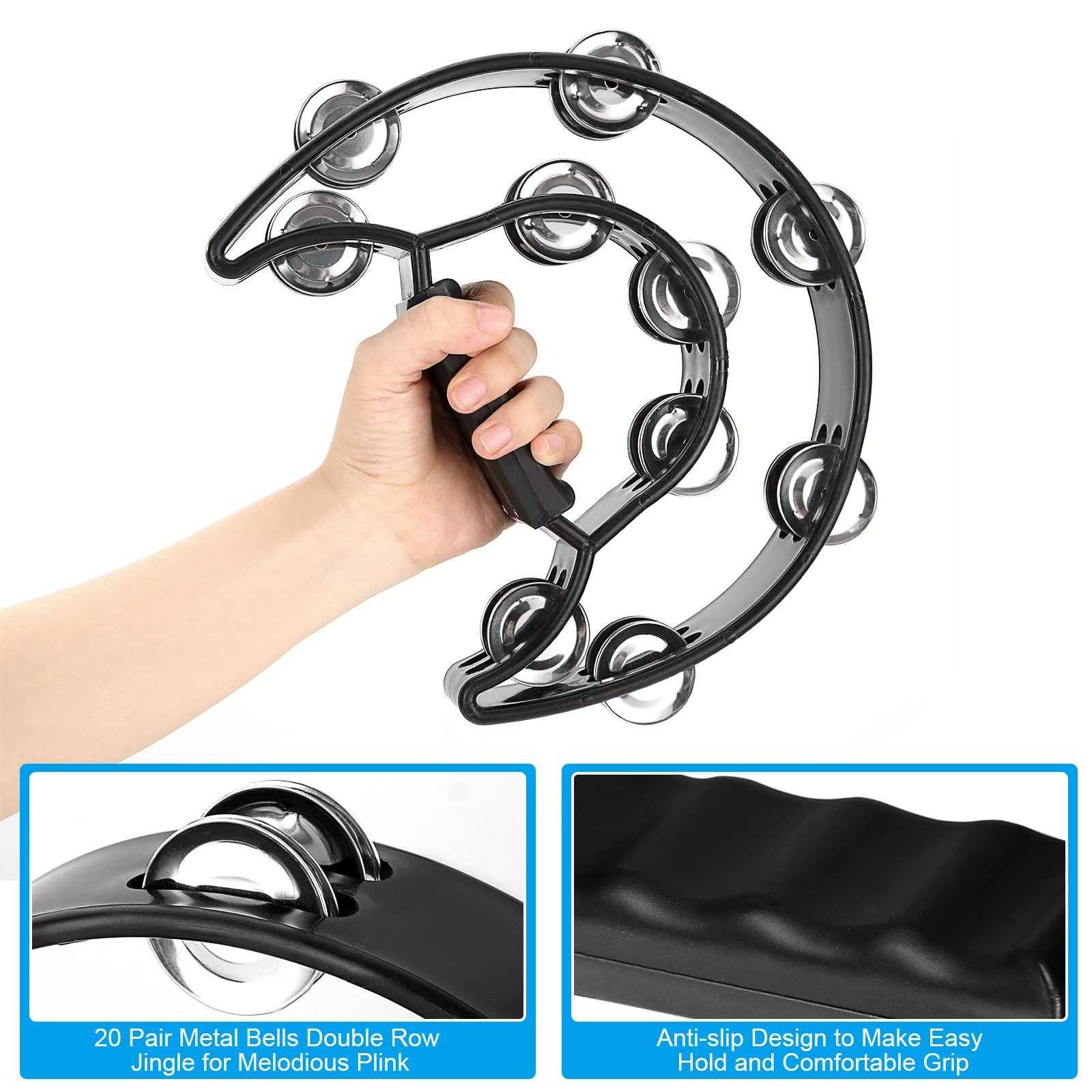 Tambourine 2 Pack 10 Inch Double Row Tambourine Metal Jingles Hand Held Percussion with 2 Foot Tambourine, 8 Egg Shaker, Half Moon Music Tambourine for Adult KTV Party (Black)