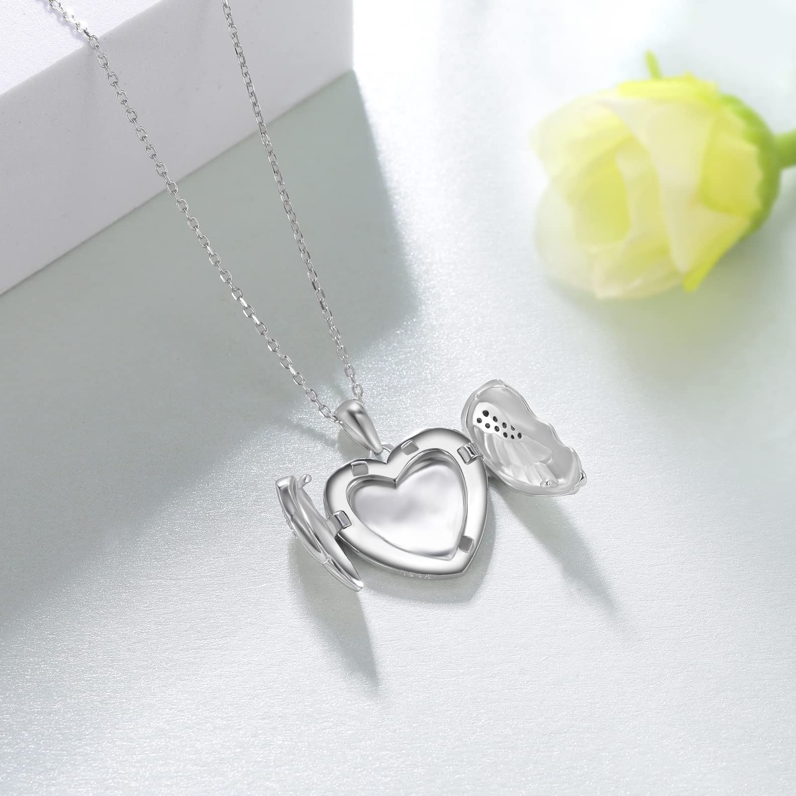 SVODEA Heart Photo Angel Wings Locket Necklace That Hold Pictures Photo,925 Sterling Silver Photo Locket Necklaces with 5A Cubic Zirconia, Sterling Silver, Cubic Zirconia