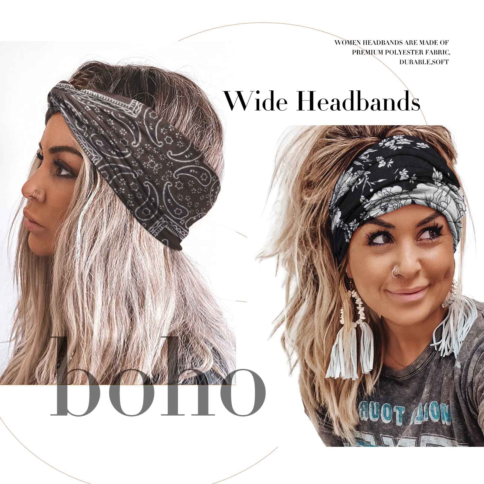 Olbye Boho Headbands for Women - Wide Knotted Elastic Turban Hair Accessories, Floral Yoga Sports Sweatbands, Workout Wraps and Bandanas, 6Pcs