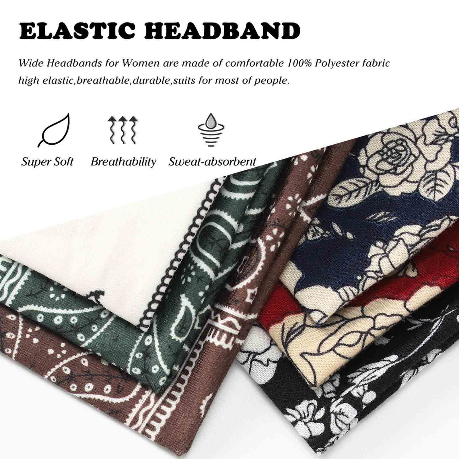 Olbye Boho Headbands for Women - Wide Knotted Elastic Turban Hair Accessories, Floral Yoga Sports Sweatbands, Workout Wraps and Bandanas, 6Pcs