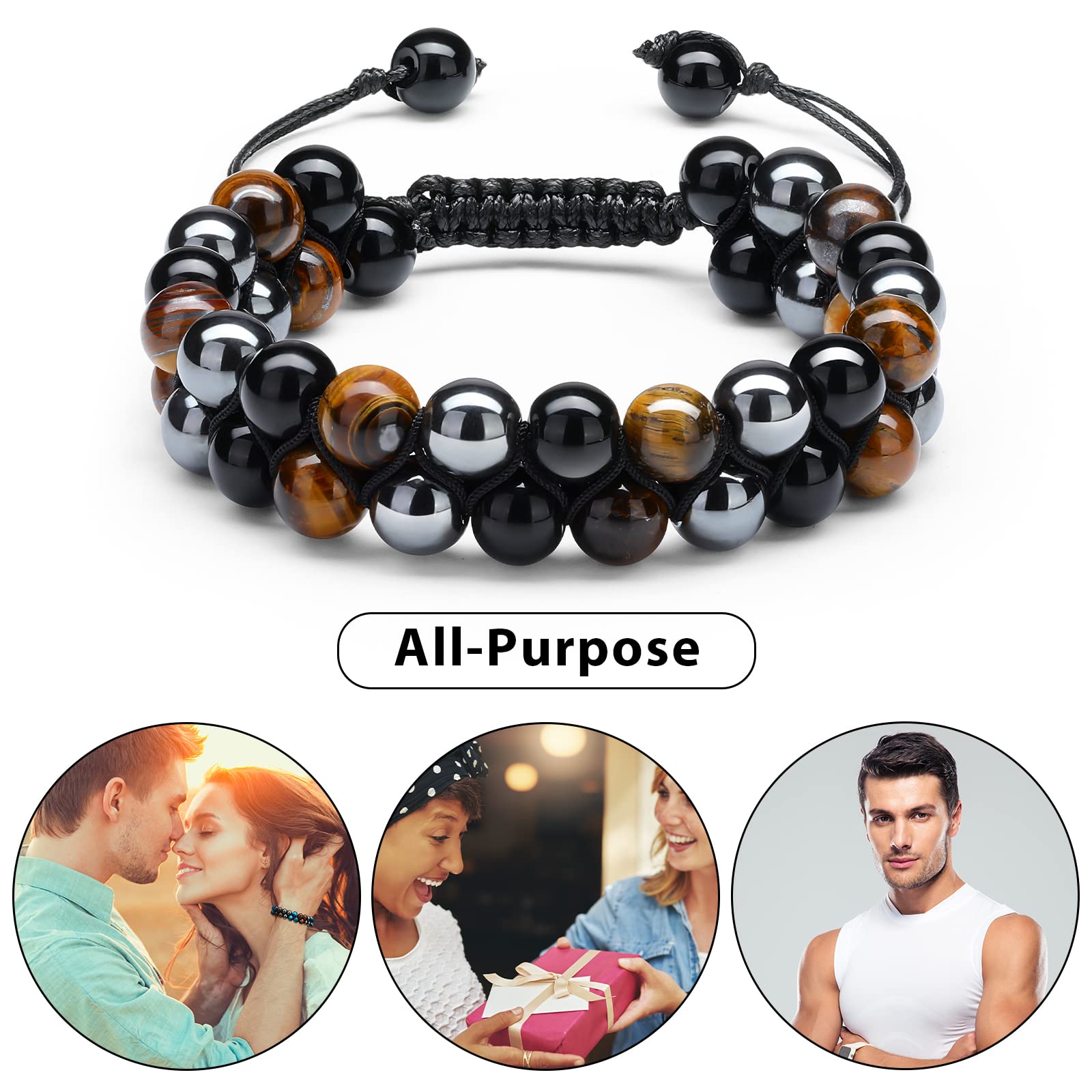 Nosiny 3 Pcs Bracelet Lava Rock Bead Bracelets 8 mm Tiger Eye Bracelet Men Hematite Obsidian Bracelet Adjustable Bracelet Gift for Men Women