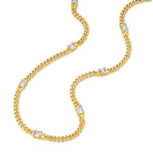 14K Gold Plated Cuban Link Chain Necklace with Baguette Cut Solitaire CZ | 3MM Gold Curb Link Necklace 14''+2'' Extender