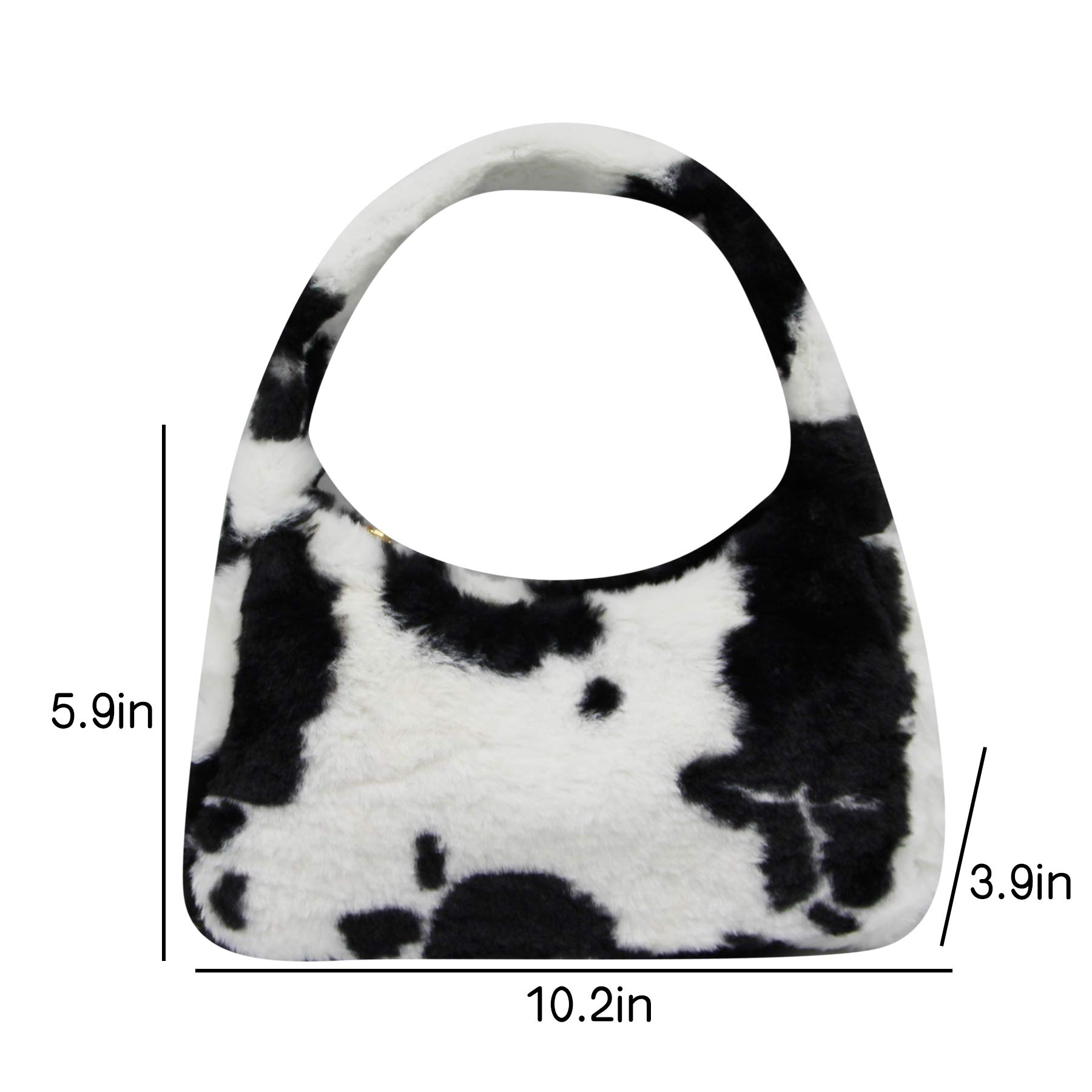 Fluffy Faux Fur Underarm Bag Fuzzy Shoulder Bag for Women Clutch Mini Plush Purse Cow Print Trendy Tote Handbag