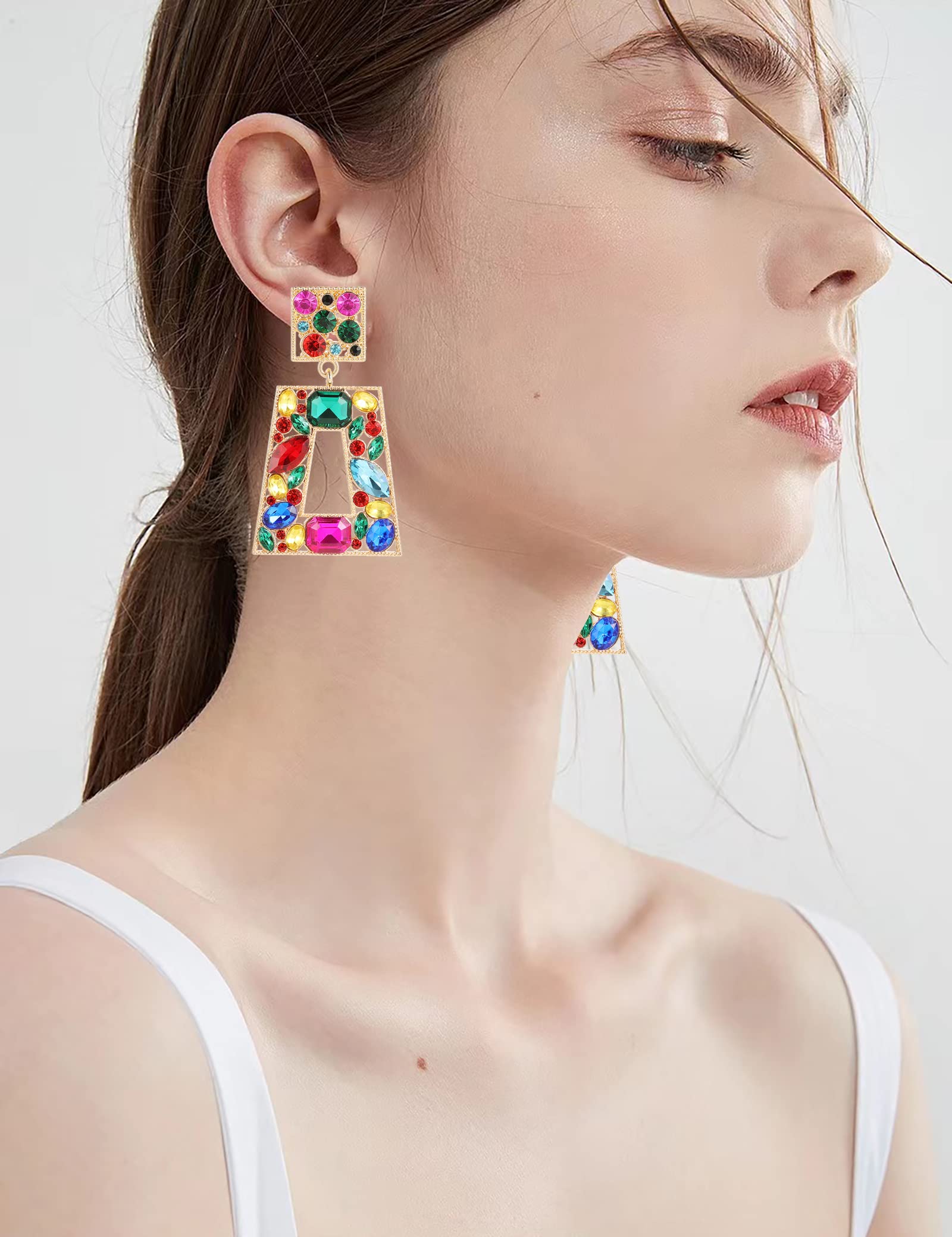 Canboer Colorful Rhinestone Rectangle Dangle Earrings Sparkly Geometric Drop Statement Earrings Hypoallergenic for Women Party Prom