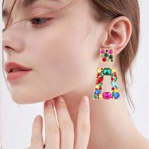 Canboer Colorful Rhinestone Rectangle Dangle Earrings Sparkly Geometric Drop Statement Earrings Hypoallergenic for Women Party Prom