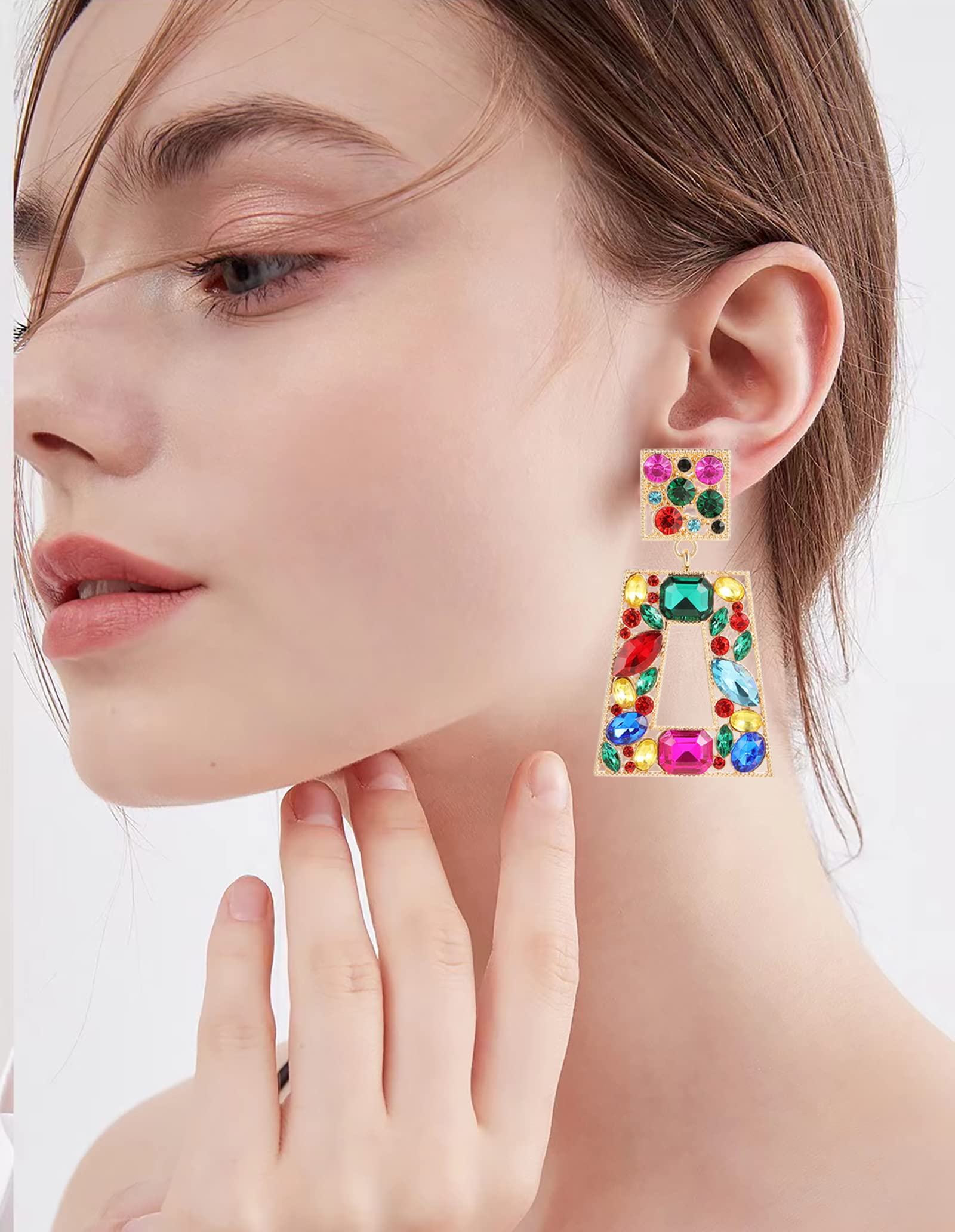 Canboer Colorful Rhinestone Rectangle Dangle Earrings Sparkly Geometric Drop Statement Earrings Hypoallergenic for Women Party Prom