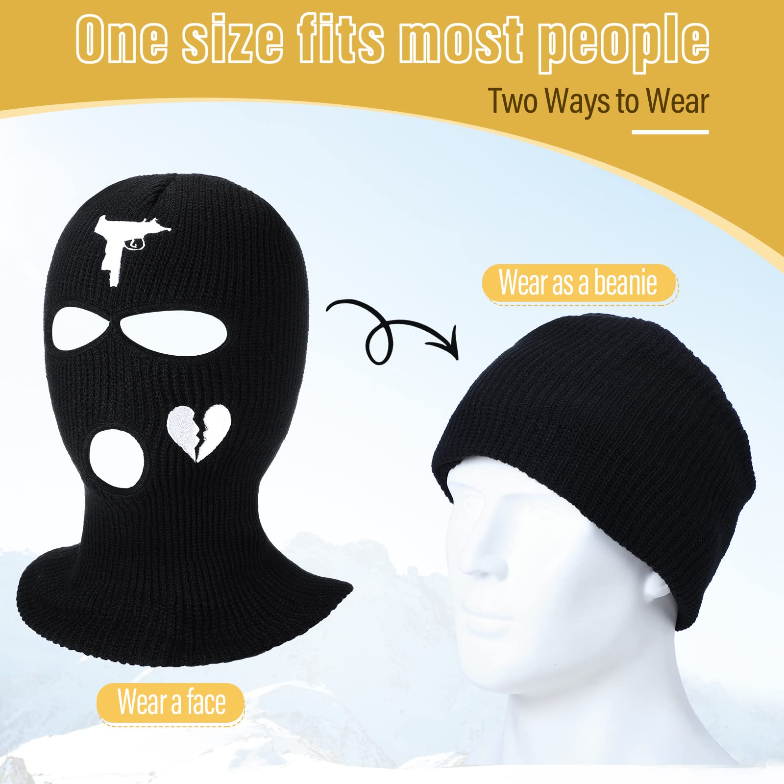 Handepo 2 Pcs 3 Hole Ski Mask Winter Warm Balaclava Full Face Knit Mask Ski Hat Mask Knitted Full Face Cover for Men Women(White, Black, Heart Style)