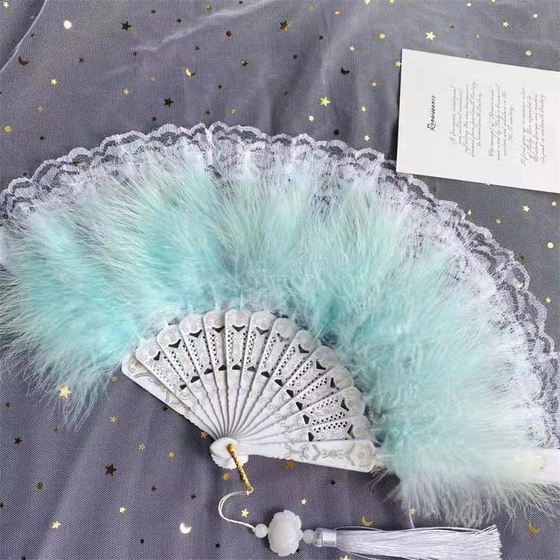 Classical Feather Folding Fan with Pendant Sweet Girly Dark Gothic Court Dance Photography Props Fan Wedding Decoration