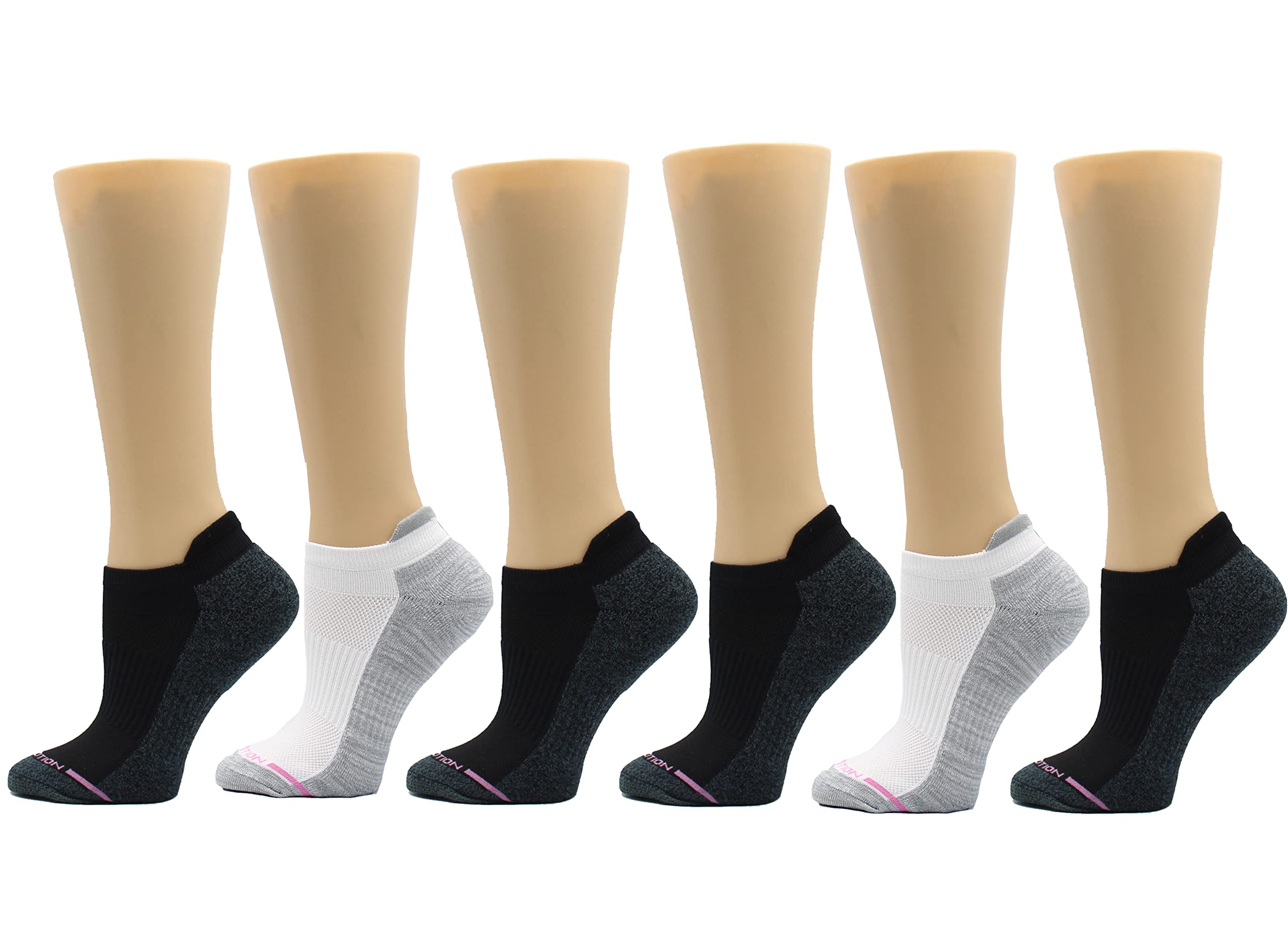 Dr. Motion Womens Low Cut Cushioned Breathable Compression Ankle Socks with Arch Support 6 Pairs (4 Black / 2 White)