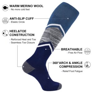 FITRELL 2 Pack Men's and Women's Ski Socks Full Cushioned Winter Merino Wool Thermal Knee High Warm Boot Socks for Skiing Snowboarding, Grey+Blue, X-Large